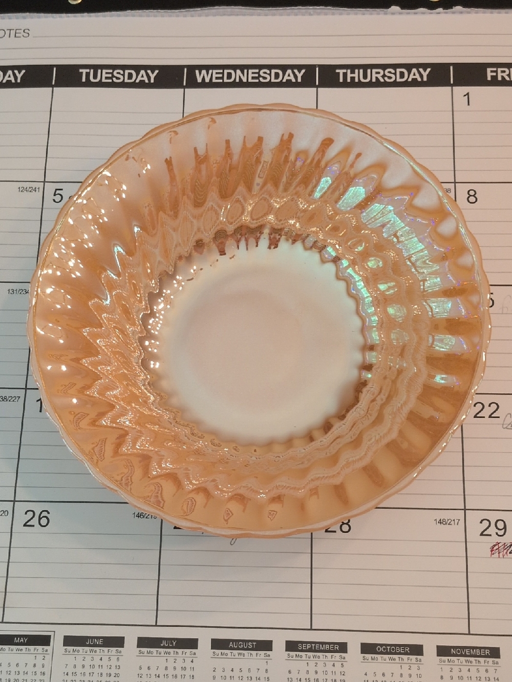 VTG Fire-King Peach Swirl Carnival Pressed Glass Round 8in Bowl Glossy
